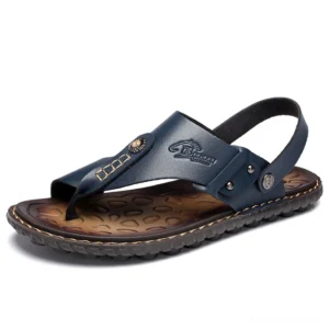 Navy blue leather gothic sandals with ankle-wrap design men's casual flip-flops three-quarter view