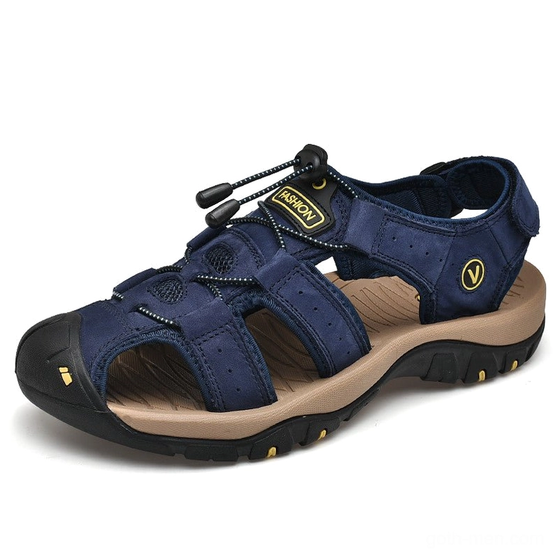 Navy blue leather gothic men's sandals with protective toe cap and buckle strap system - alternative fashion footwear