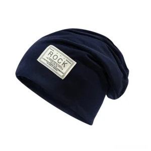 Navy blue dark alternative slouch beanie with embroidered detail