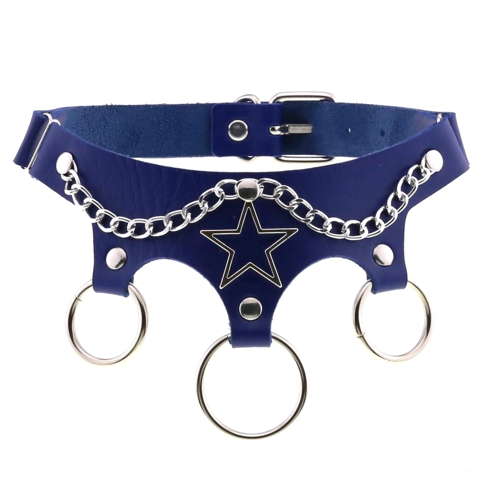 Navy blue leather gothic star choker with metal rings flat lay