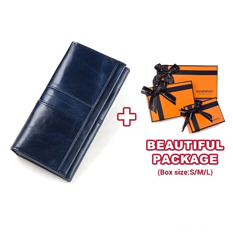 Navy blue genuine leather gothic long wallet with branded gift packaging included, demonstrating premium presentation for dark aesthetic enthusiasts
