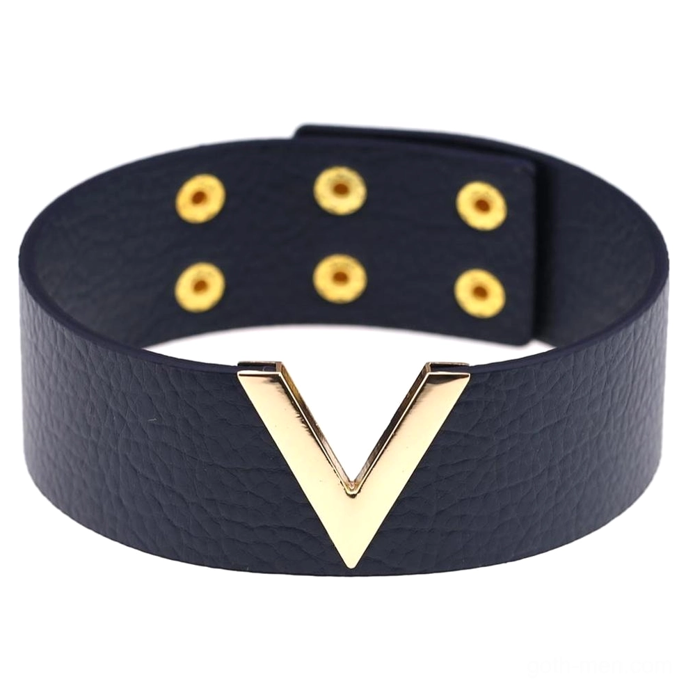 Navy blue leather V-choker with gold metal accent - gothic punk necklace
