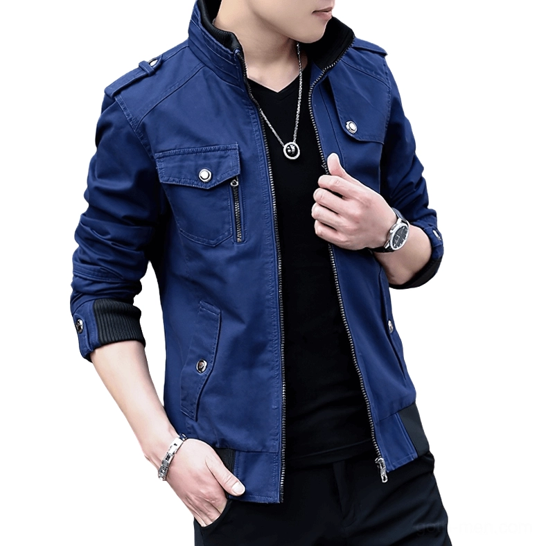Navy Blue Gothic Stand Collar Jacket – Men's Military-Inspired Tactical Style