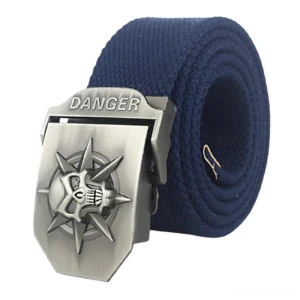 Navy blue punk canvas belt with antique silver metal skull buckle detail, oblique angle photography