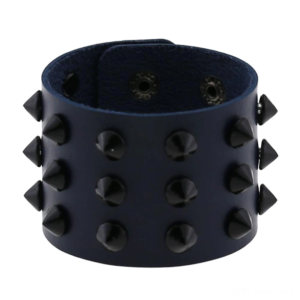 Navy blue vegan leather wide spike wrap bracelet front view with triple spike rows