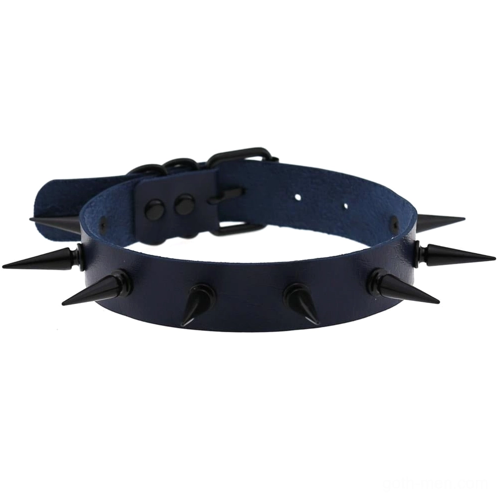 Navy blue leather spiked choker with geometric spike pattern, angled top view