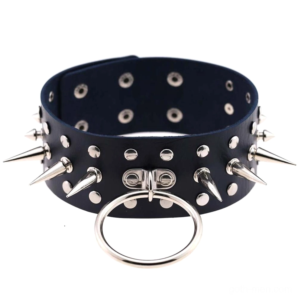 Dark navy blue PU leather spiked choker front display with metal hardware accents