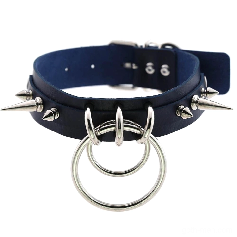 Navy blue spiked gothic choker with dual O-ring design and metal spike embellishments