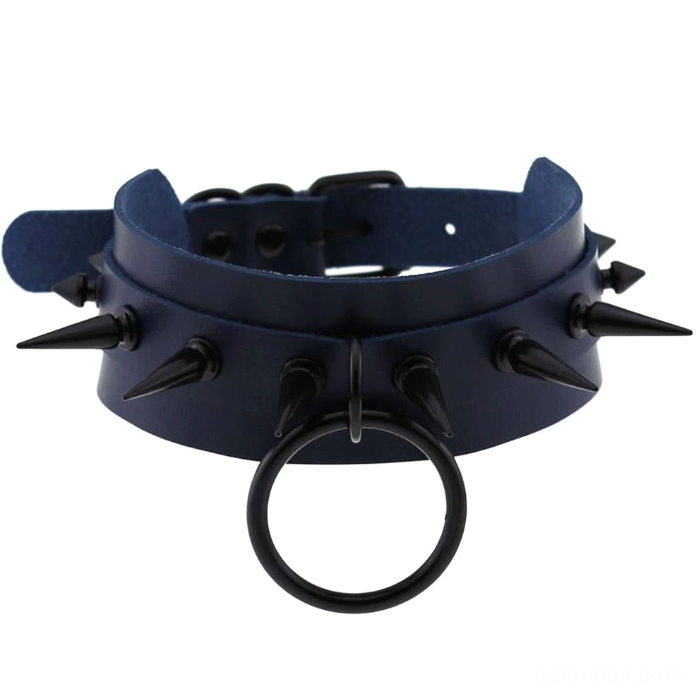 Navy blue studded leather choker with black spike studs and adjustable strap - gothic necklace
