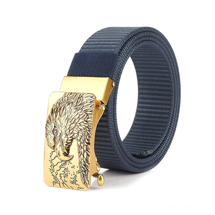Navy blue gothic tactical belt with gold-toned eagle buckle side profile demonstrating strap width and buckle prominence