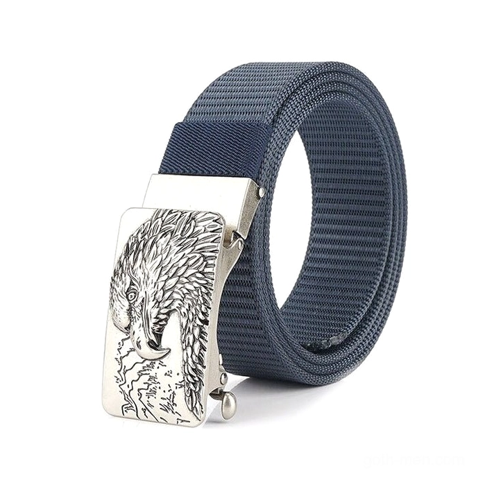 Navy blue canvas military belt with silver-toned eagle buckle three-quarter view highlighting gothic styling and metalwork