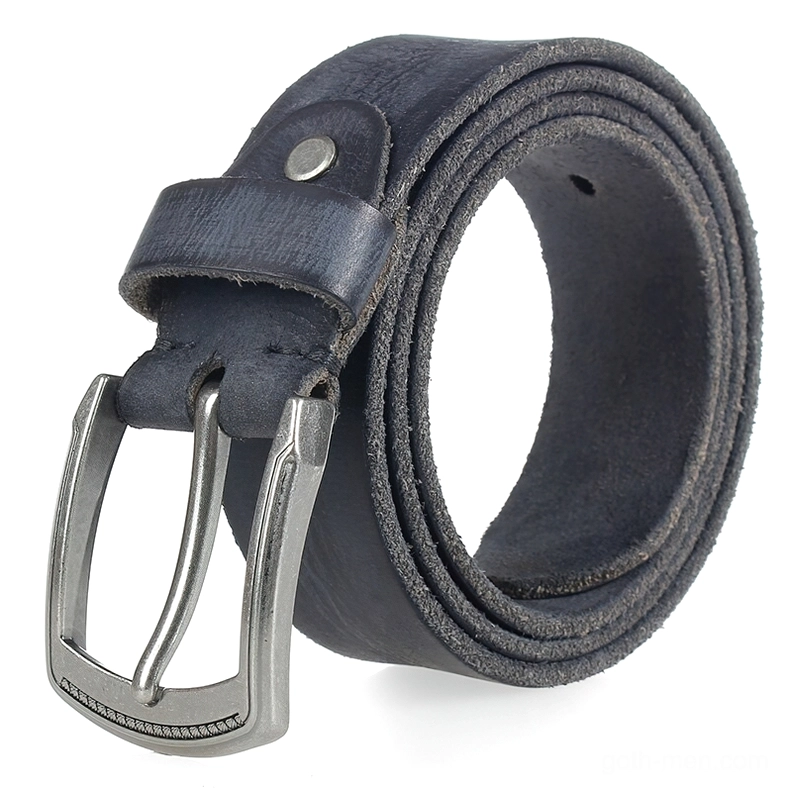 Rolled dark navy cowhide gothic belt with silver-toned antique alloy buckle, showing leather quality and buckle engraving details in studio lighting
