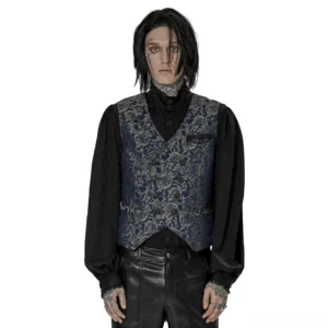 Navy damask jacquard gothic waistcoat front view on male model with black high-neck shirt