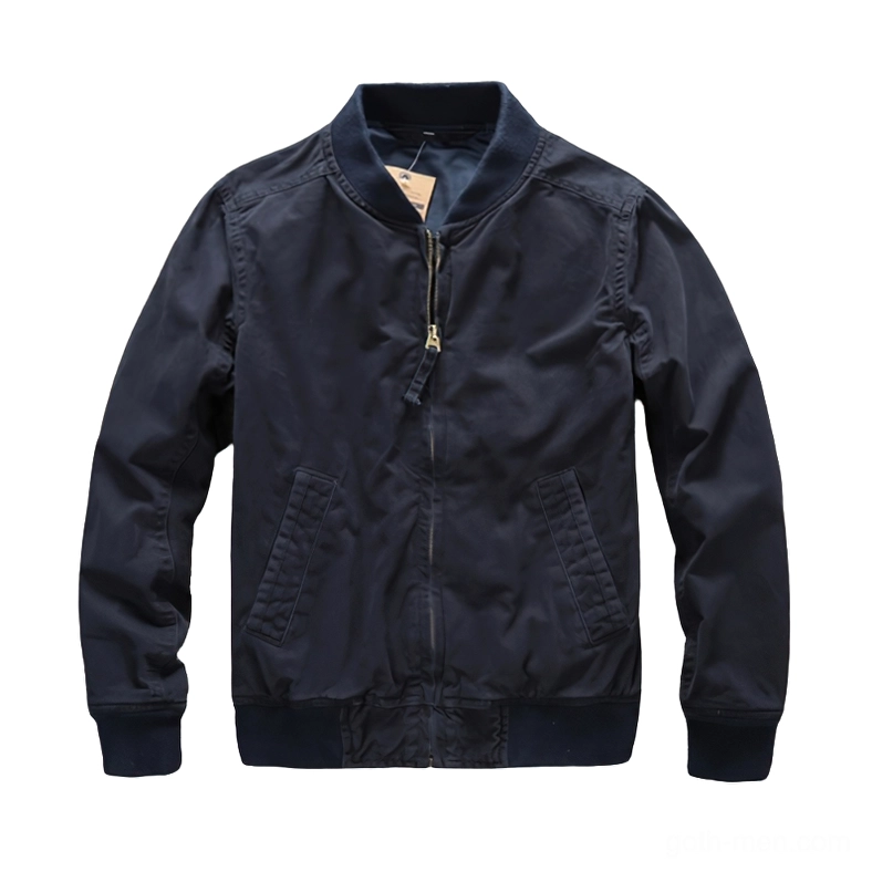 Navy blue solid denim zip bomber jacket front view flat lay, dark blue with ribbed hem and functional side pockets
