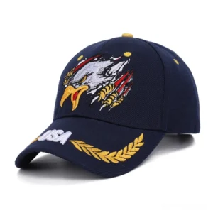 Navy blue gothic military cap with gold eagle and wheat embroidery, side profile view displaying embroidered details