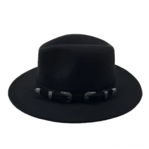 Dark navy blue felt trilby fedora featuring dual metal buckle hat band, studio flat lay photography