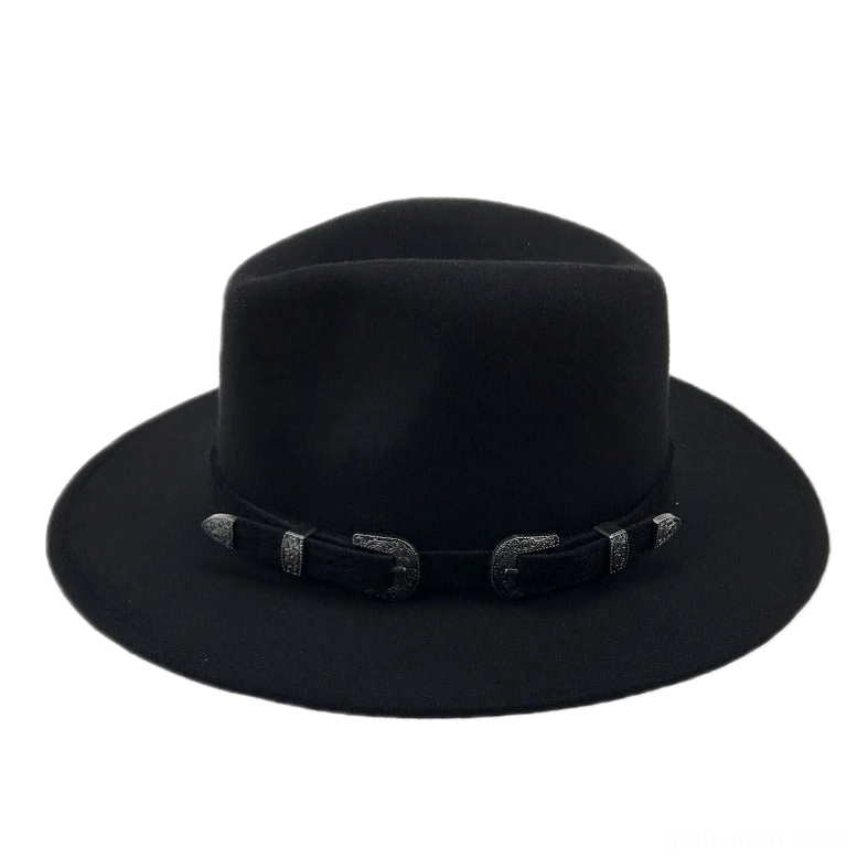 Dark navy blue felt trilby fedora featuring dual metal buckle hat band, studio flat lay photography