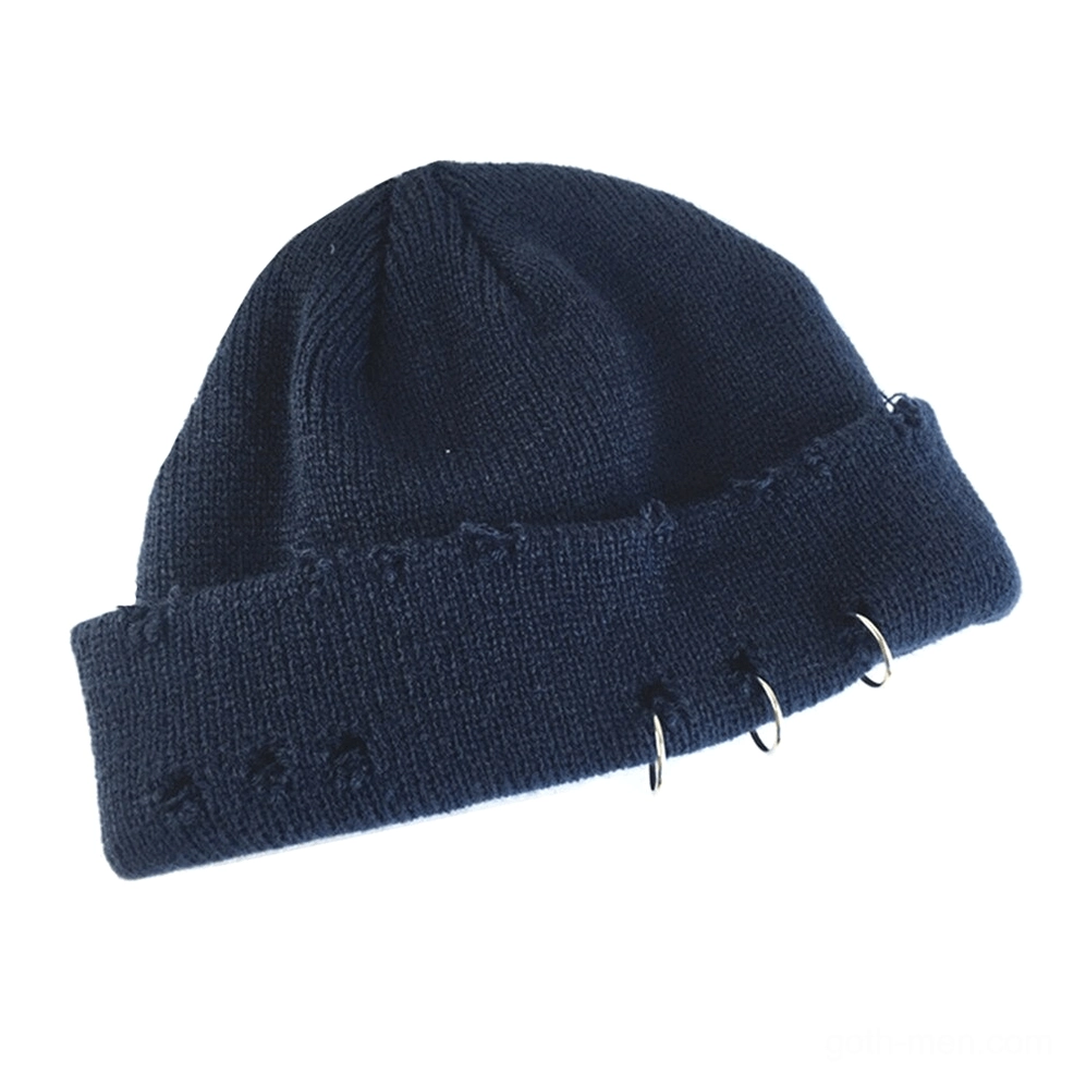 Navy blue gothic distressed beanie with metal ring accents and rolled cuff, dark subculture style