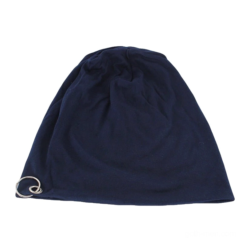 Navy blue gothic beanie metal hoop detail front flat view, alternative winter