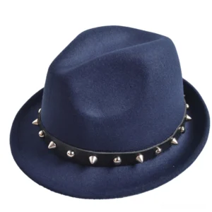 Navy blue felt gothic fedora with decorative studded leather trim, alternative fashion hat