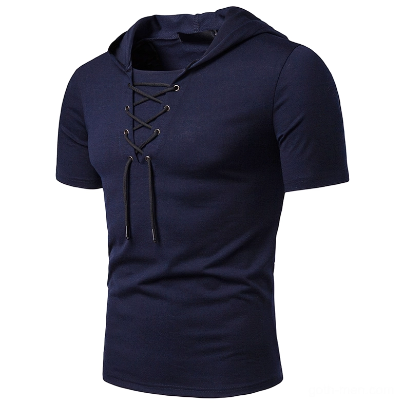 Navy blue gothic hooded lace-up men's t-shirt front design