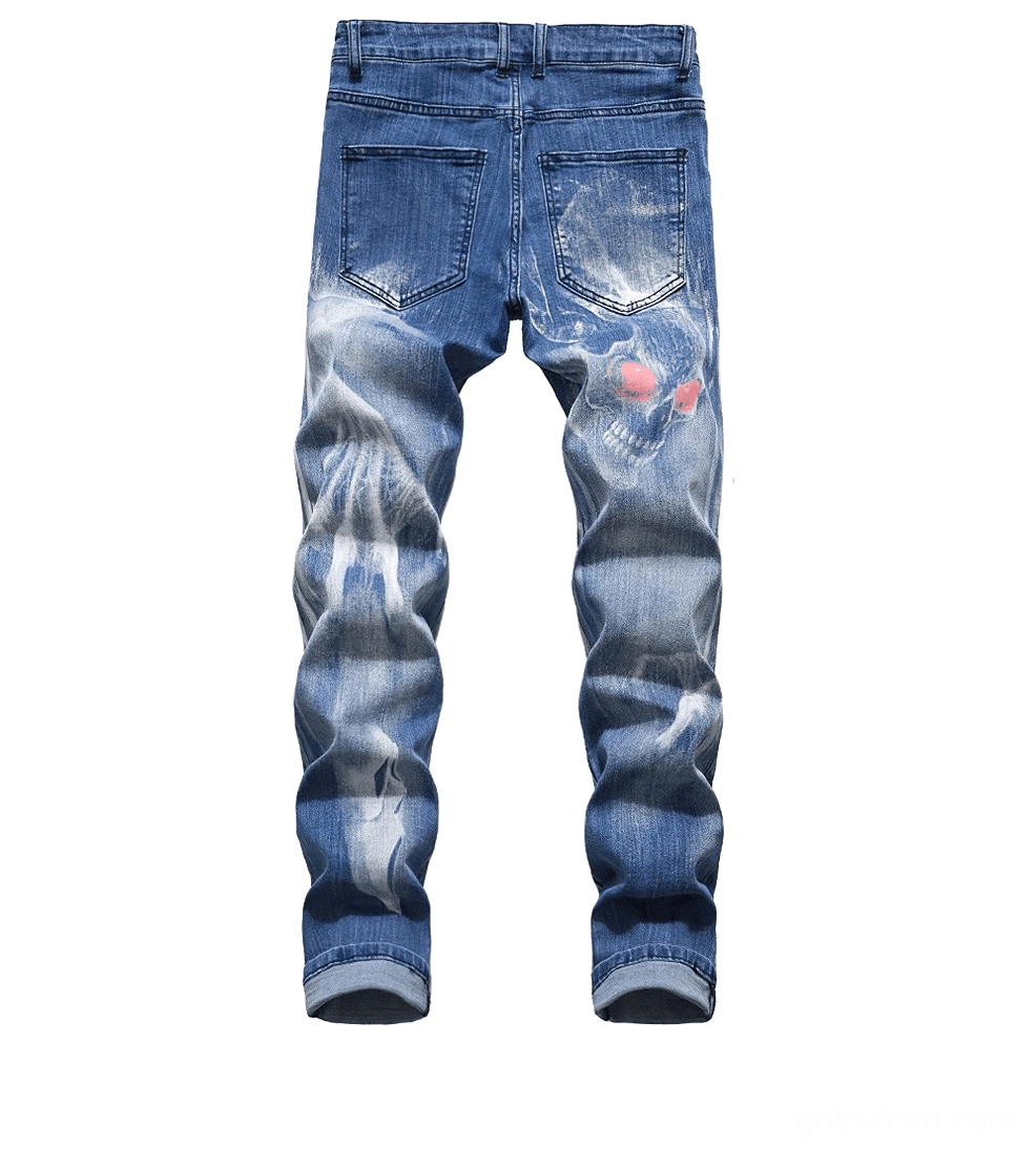Medium blue washed gothic skull jeans showing back pockets with red skull accents - rear view