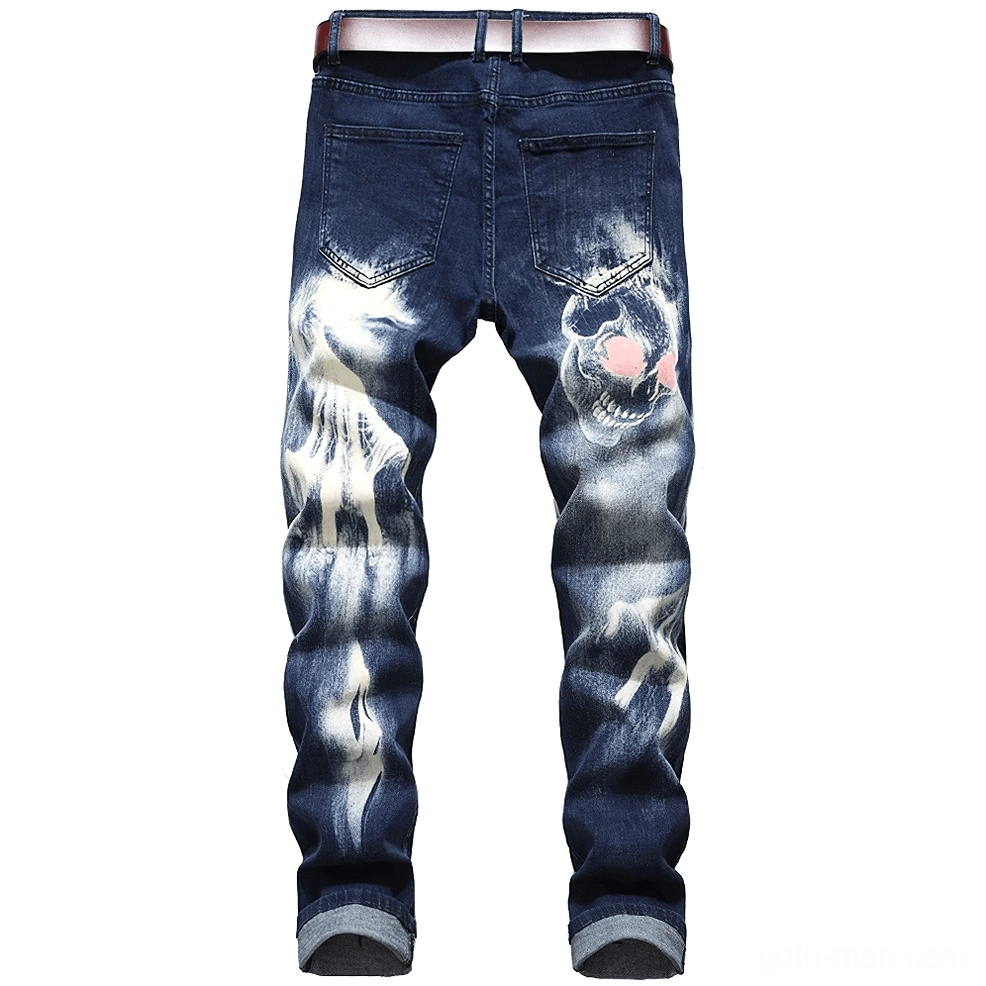 Dark navy gothic jeans rear view with belt loops and red skull accents on 3D graphic