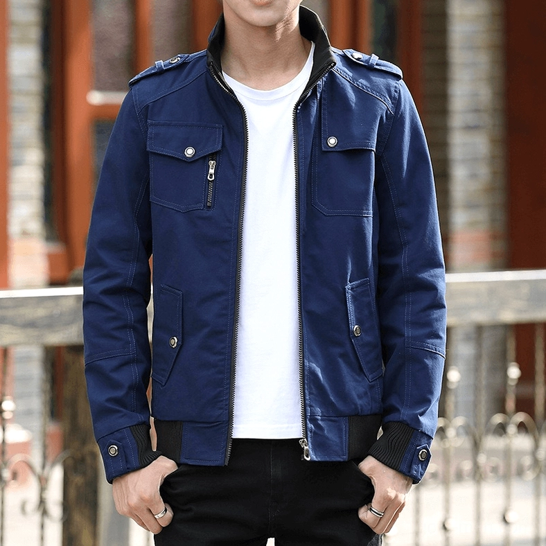 Navy Blue Military Stand Collar Jacket – Outdoor Gothic Aesthetic with Ribbed Cuffs