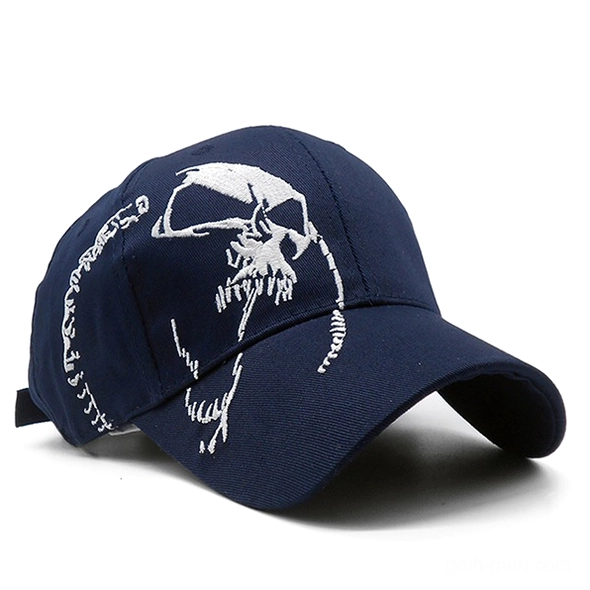 Navy blue gothic skull baseball cap with white embroidery, three-quarter front angle alternative fashion headwear
