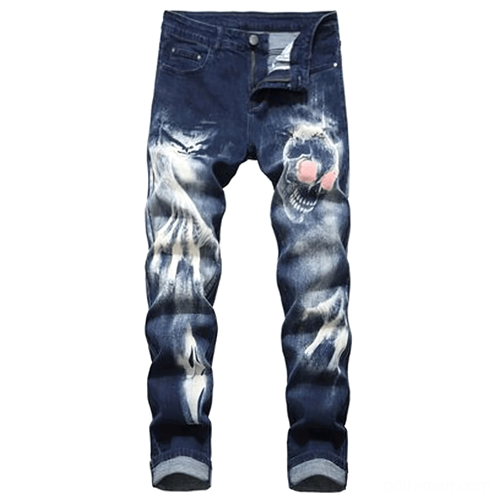 Dark navy gothic skull jeans with ghost hand and skull 3D prints - front view rolled cuffs