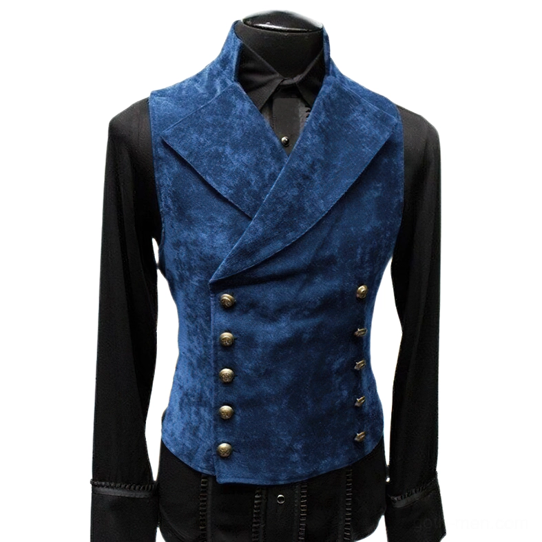 Navy blue suede mens gothic waistcoat, double-breasted design with brass hardware, midnight elegance formal wear