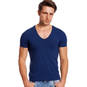 Navy blue gothic V-neck slim fit T-shirt for men, front view showing stretch fabric on model