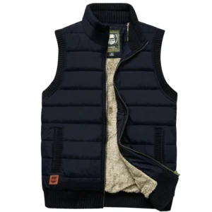 Navy blue men's alternative fleece vest with ribbed trims and zipper closure, front view