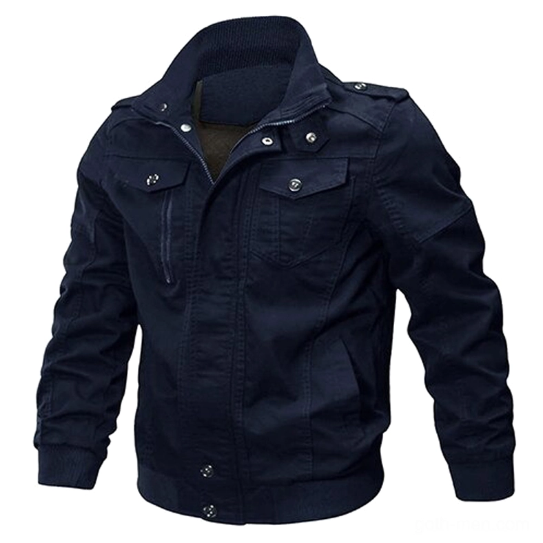 Navy blue military cotton jacket button zipper closure ribbed cuffs elegant goth
