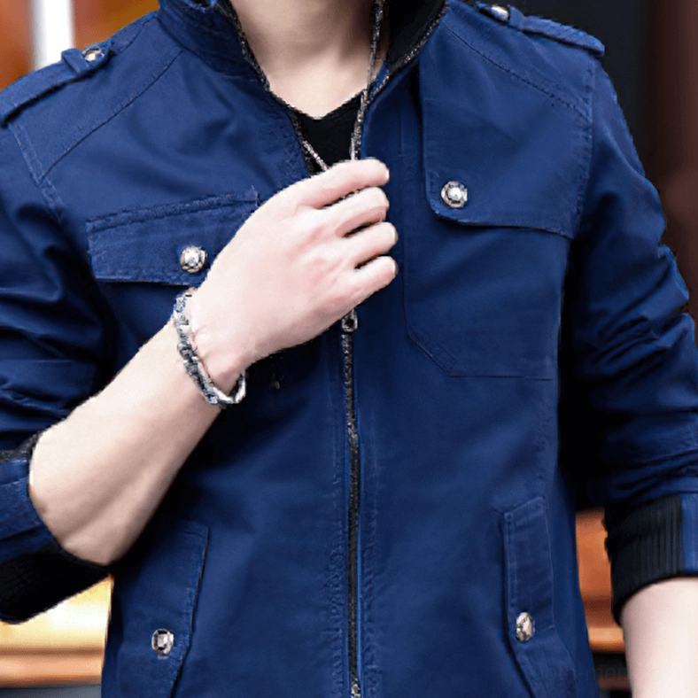 Navy Blue Military Jacket Detail Shot – Metal Snap Buttons and Stand Collar Close-Up