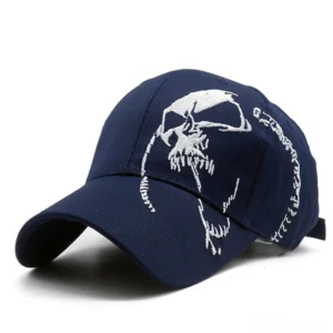 Navy blue gothic skull baseball cap with white skull print, alternative fashion headwear three-quarter view