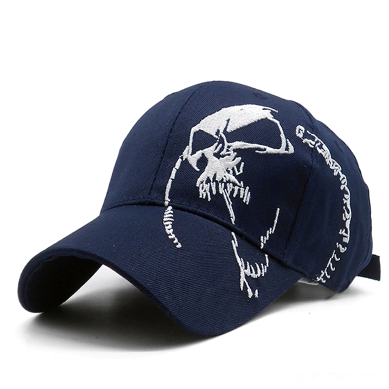 Navy blue gothic skull baseball cap with white skull print, alternative fashion headwear three-quarter view