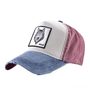 Navy blue color-blocked gothic wolf baseball cap with embroidered wolf patch and adjustable snapback