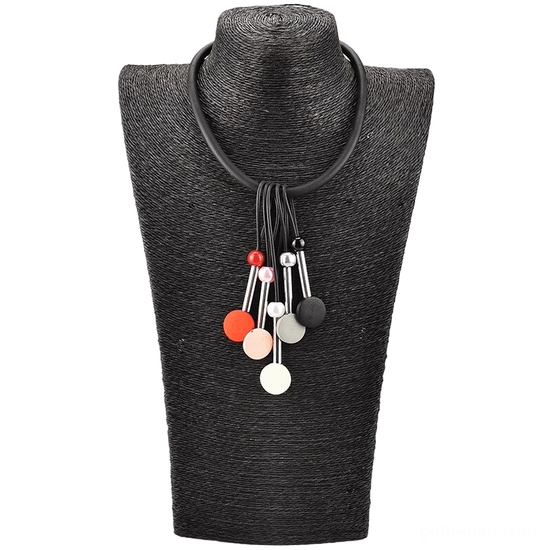 Handmade gothic silicone choker displayed on black dress form, showcasing matte bead decorations and pendant clusters against dark background