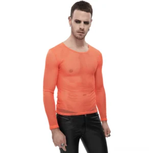 Neon orange sheer mesh long sleeve gothic top for men, front view on model, crew neck fitted silhouette