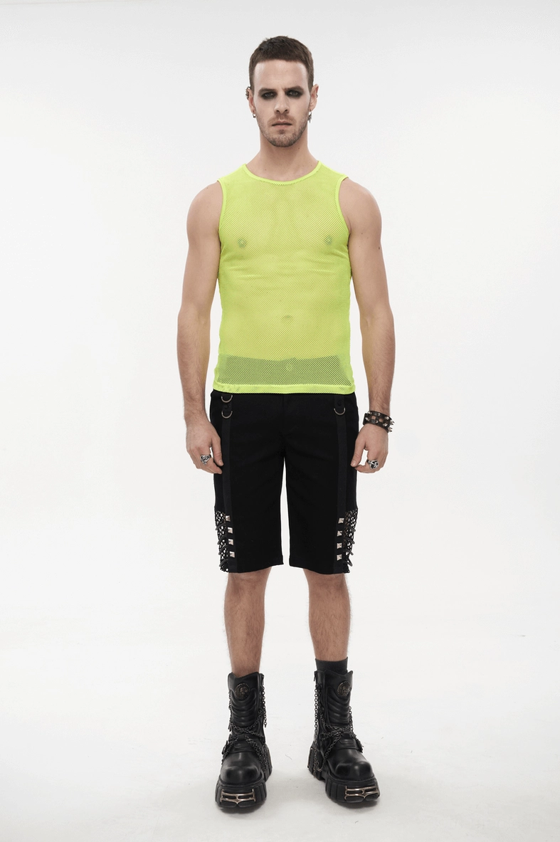 Neon yellow gothic mesh tank top close-up detail of see-through knit fabric texture
