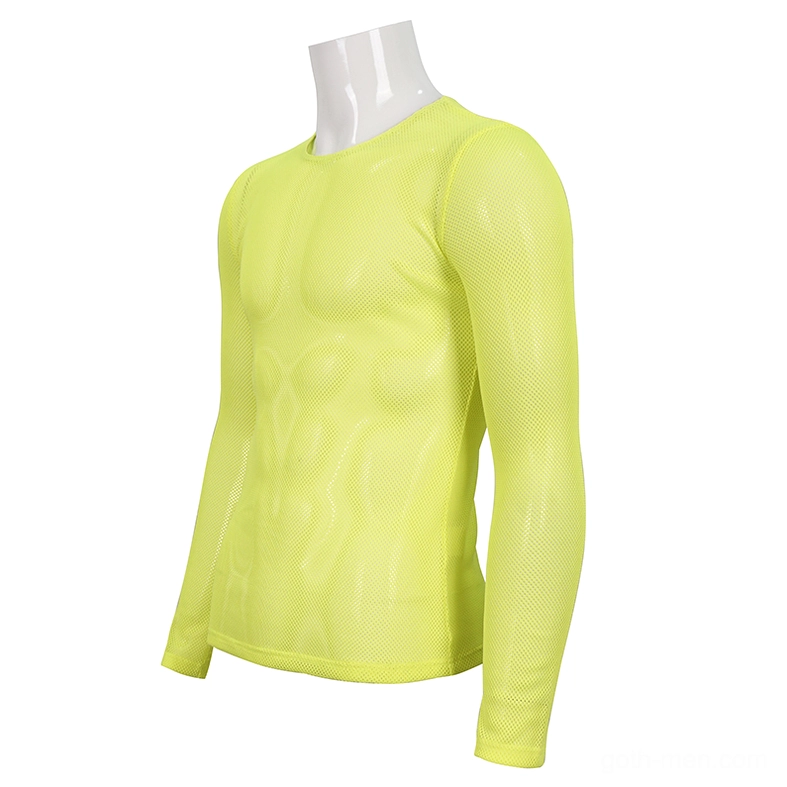 Men's neon yellow sheer mesh top three-quarter side view mannequin slim fitted cut