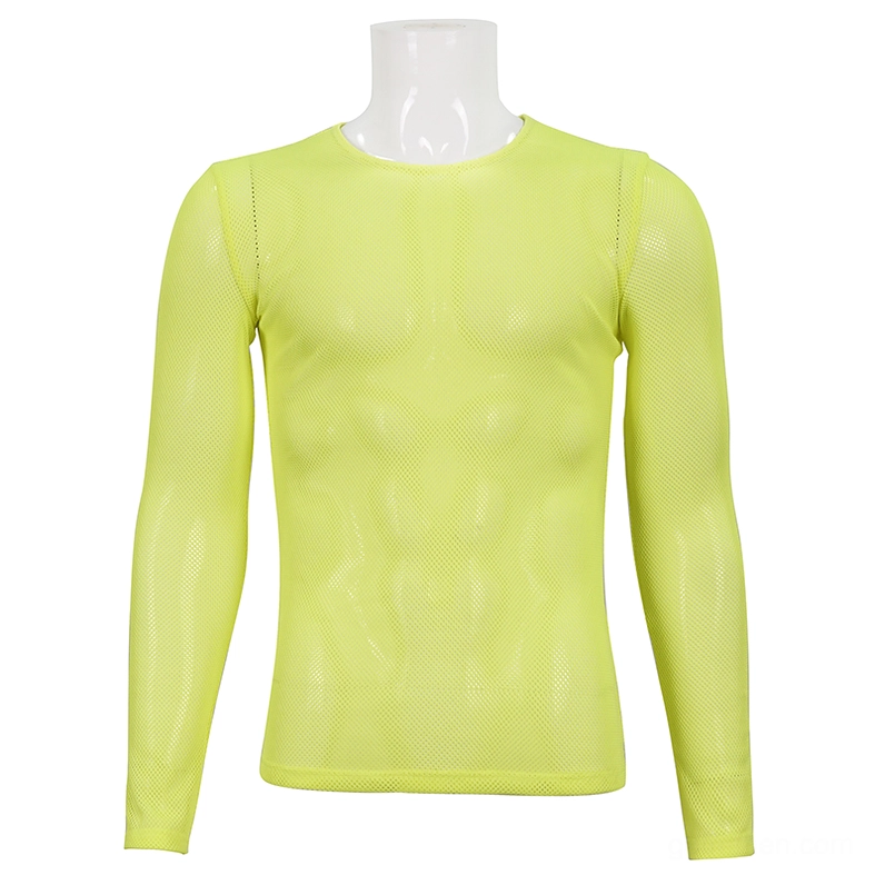 Men's neon yellow sheer mesh long-sleeve top front display on mannequin crew neckline