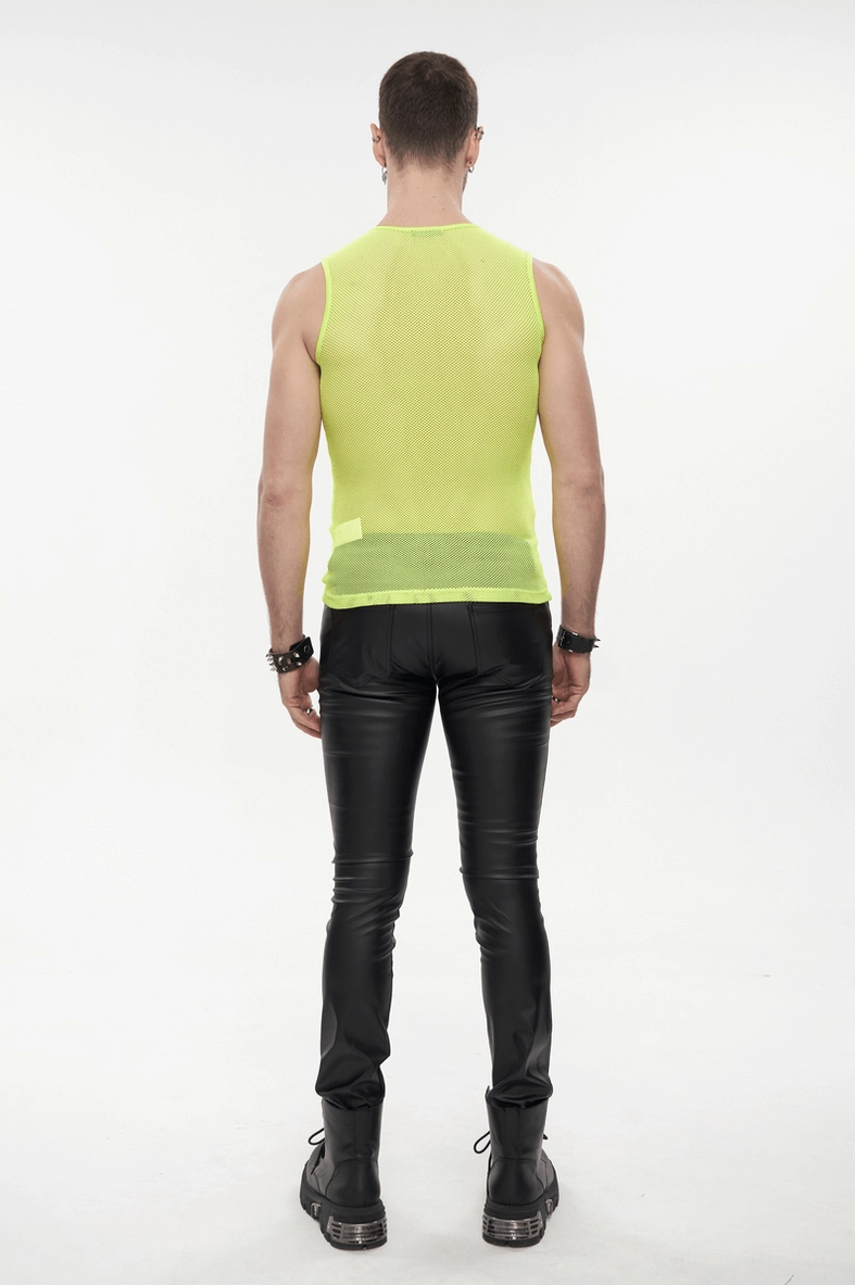 Neon yellow sleeveless mesh tank rear view with leather styling