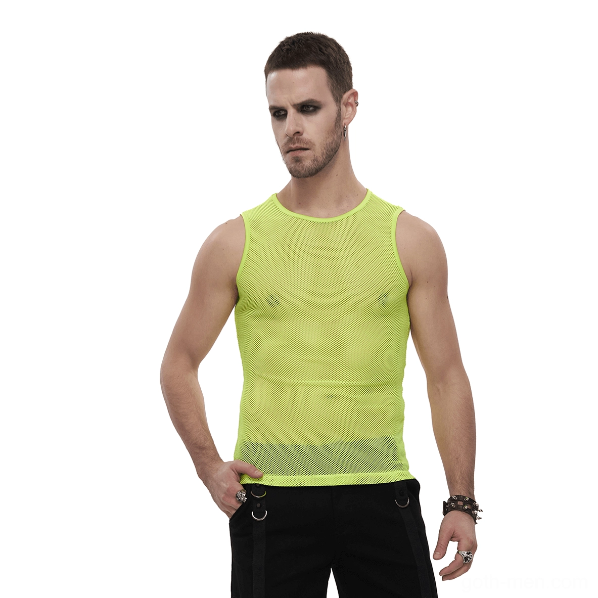Neon yellow mesh tank top front view worn by male model with round neckline sleeveless design