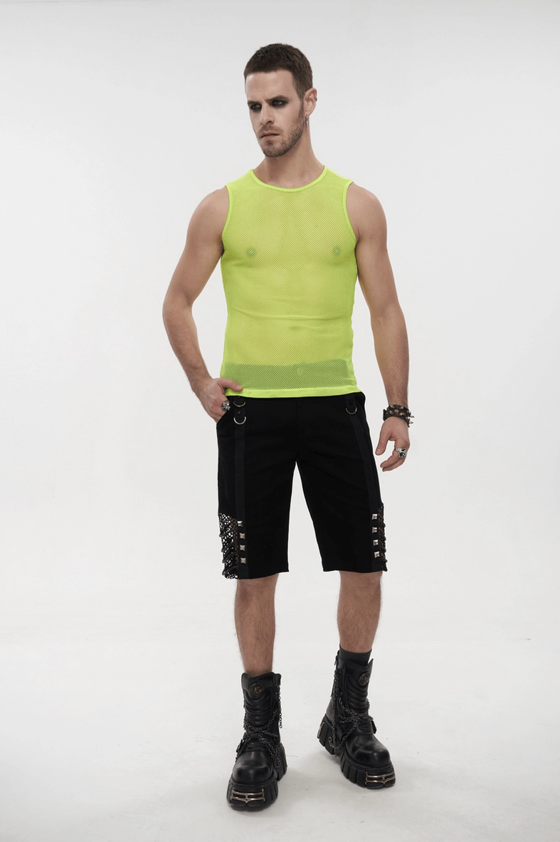 See-through neon yellow mesh tank top detail showing polyamide knit weave