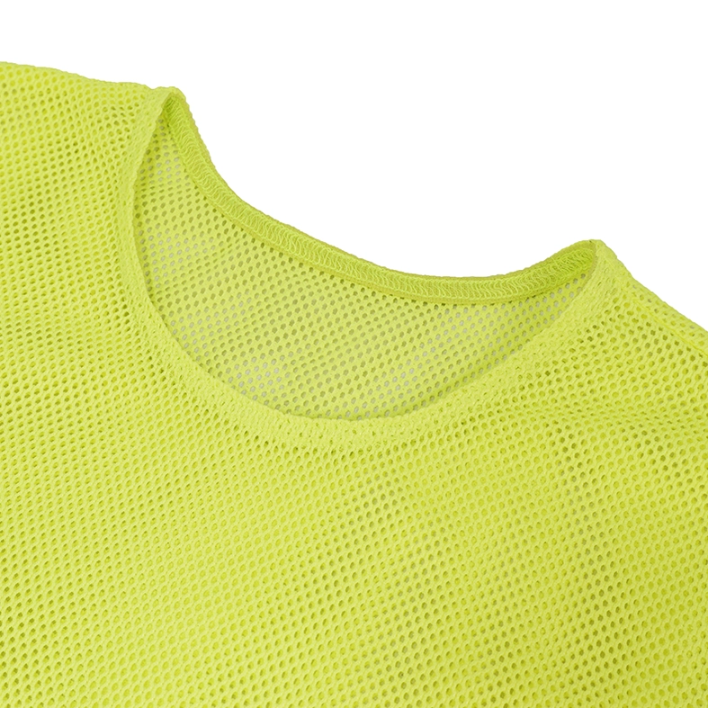 Close-up texture detail of neon yellow mesh fabric crew neckline weave polyamide