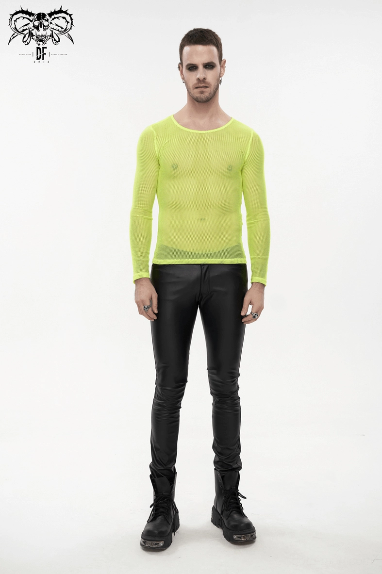 Men's neon yellow mesh long-sleeve top full body front view with black leather pants boots