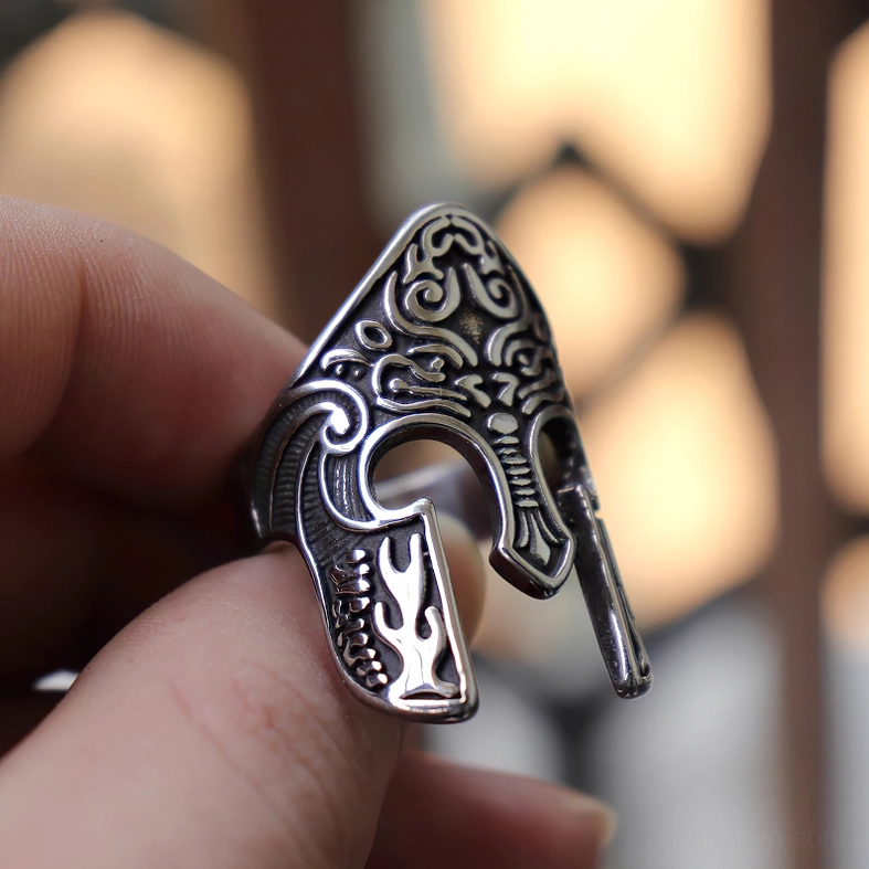 Viking helmet gothic ring with spiral pattern engravings and vintage silver-black finish, side tilted