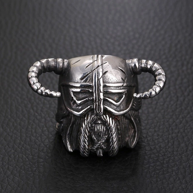 Nordic horned warrior ring alternative angle - sculptural design showcasing archaeological character and detail
